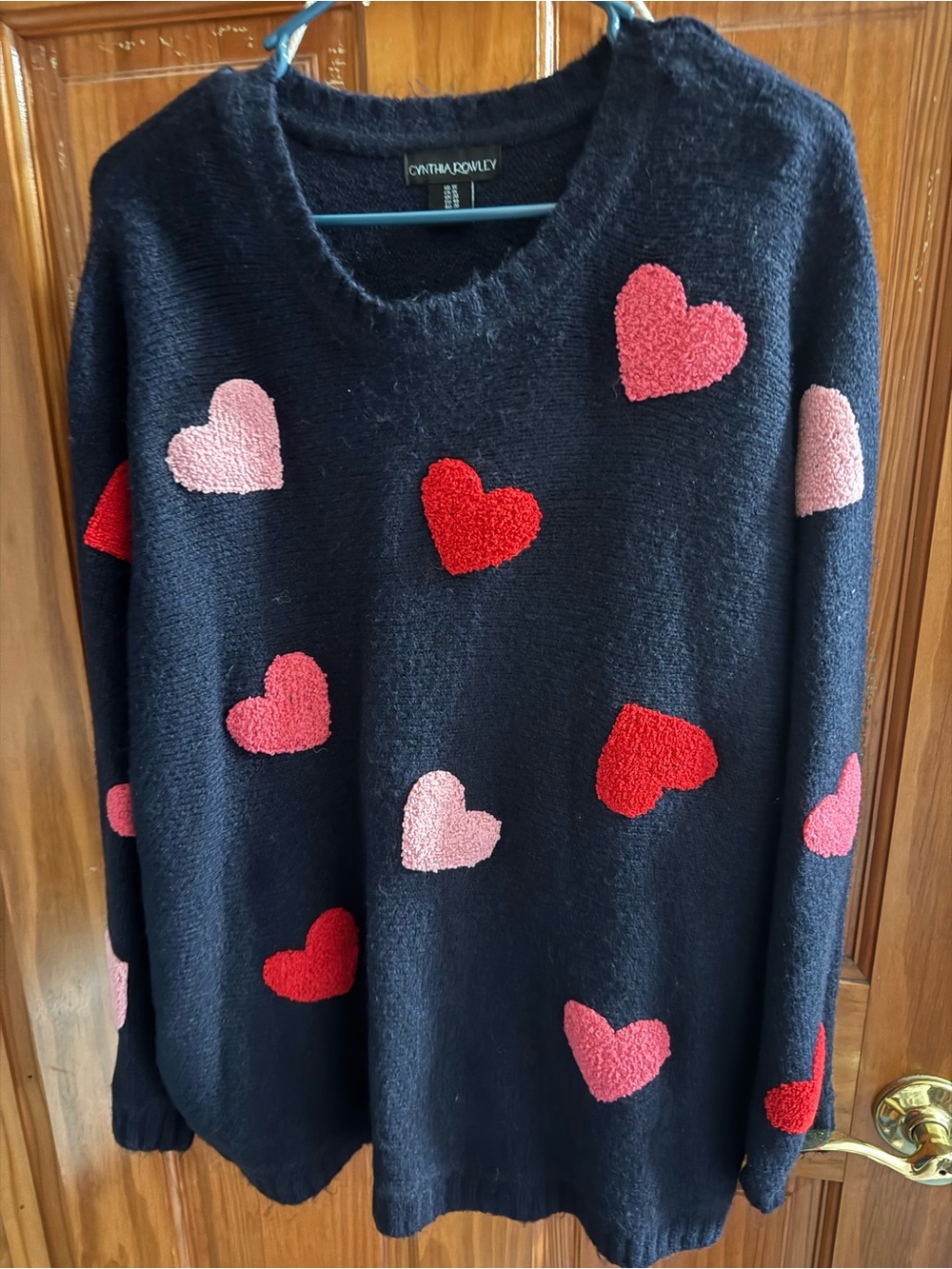 Cynthia Rowley Navy Crewneck Sweater with Red & Pink Heart Appliqués